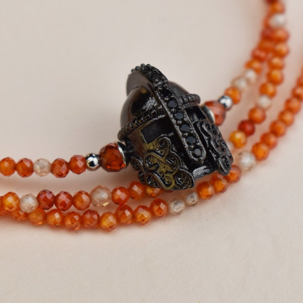 Dainty carnelian & sunstone necklace with Knight's helmet, tiny gemstone choker